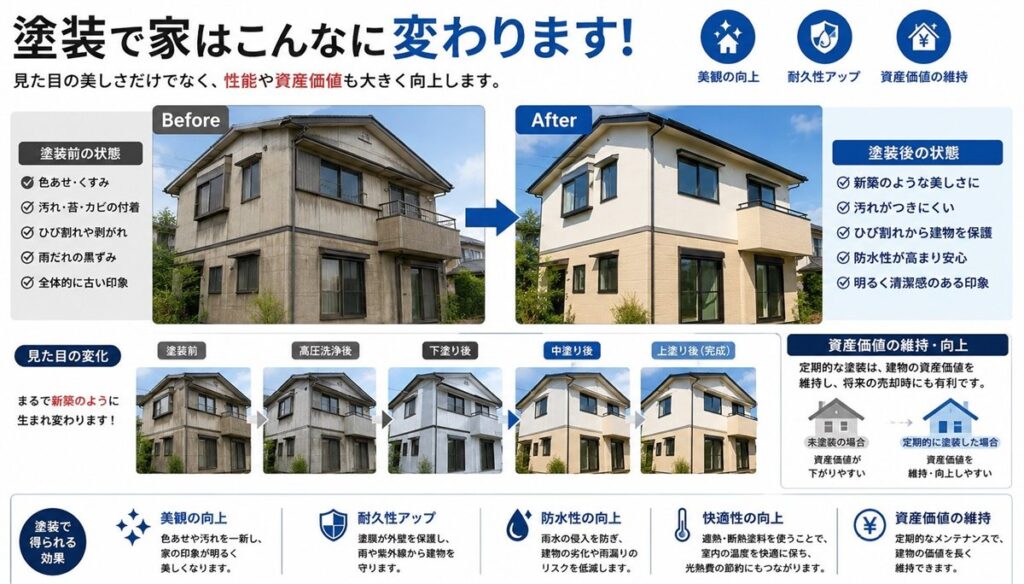 外壁塗装の前後の変化と、塗装で得られる効果をまとめた図